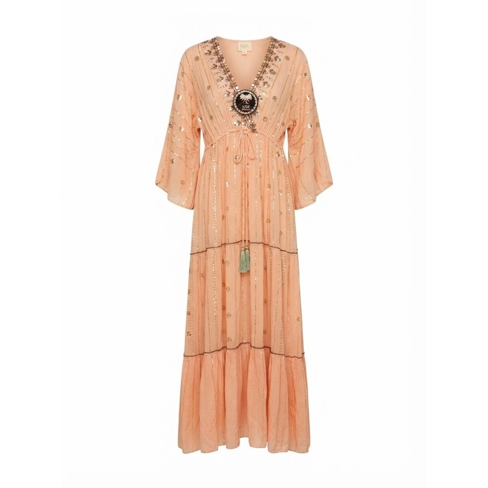 SYK Maxi Dress Womens One Size Peach Boho Tiered Sequin Embroidered Romantic